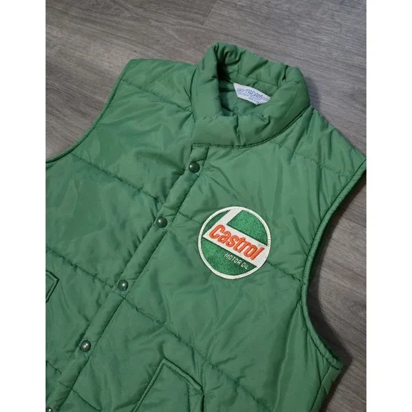 Vintage Castrol Puffer Vest XL Green Snap Upstream USA  70s/80s - Picture 4 of 12